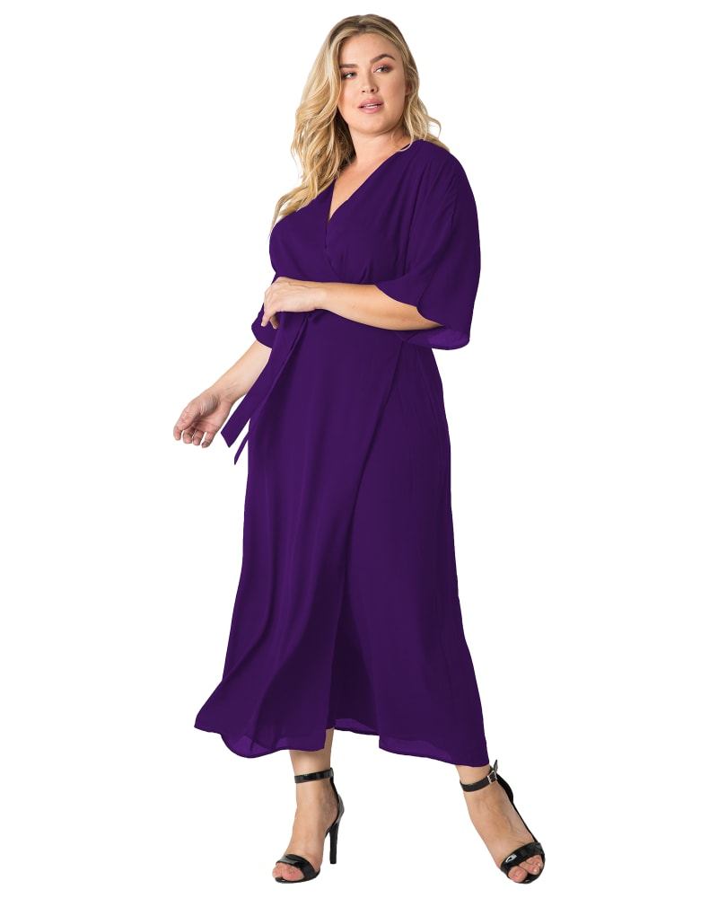 Front of a model wearing a size 1X Aubrey Kimono Wrap Maxi Dress in PURPLE by Standards & Practices. | dia_product_style_image_id:280519